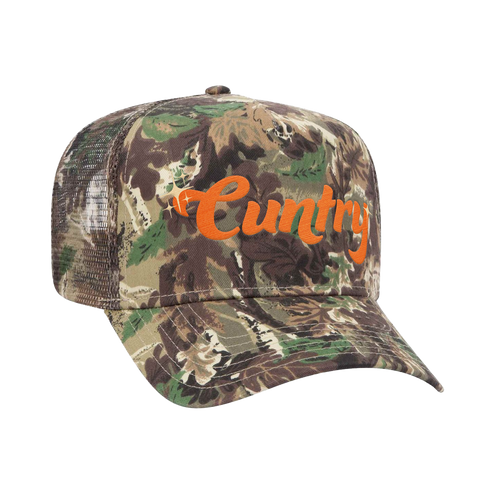 Side View Dasha Cuntry Trucker Camo Hat with Orange Embroidery