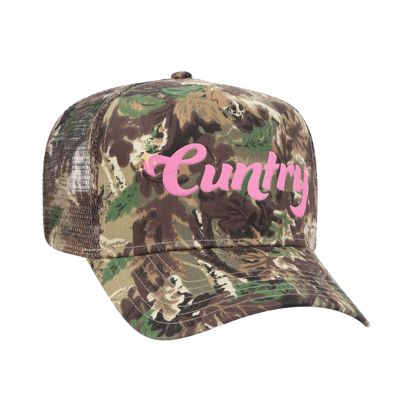 Side View Dasha Cuntry Trucker Camo Hat with Pink Embroidery