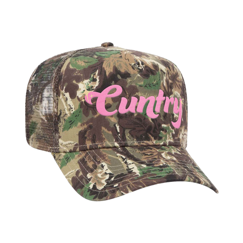 Side View Dasha Cuntry Trucker Camo Hat with Pink Embroidery